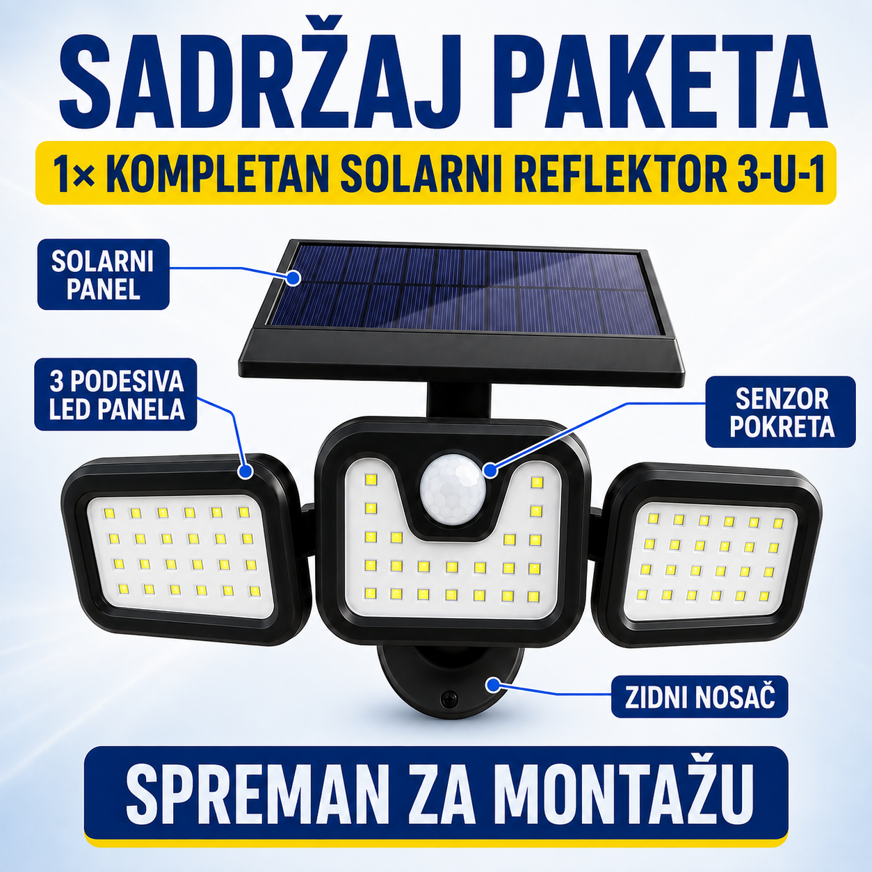 Solarni Reflektor 3-u-1 sa Senzorom Pokreta