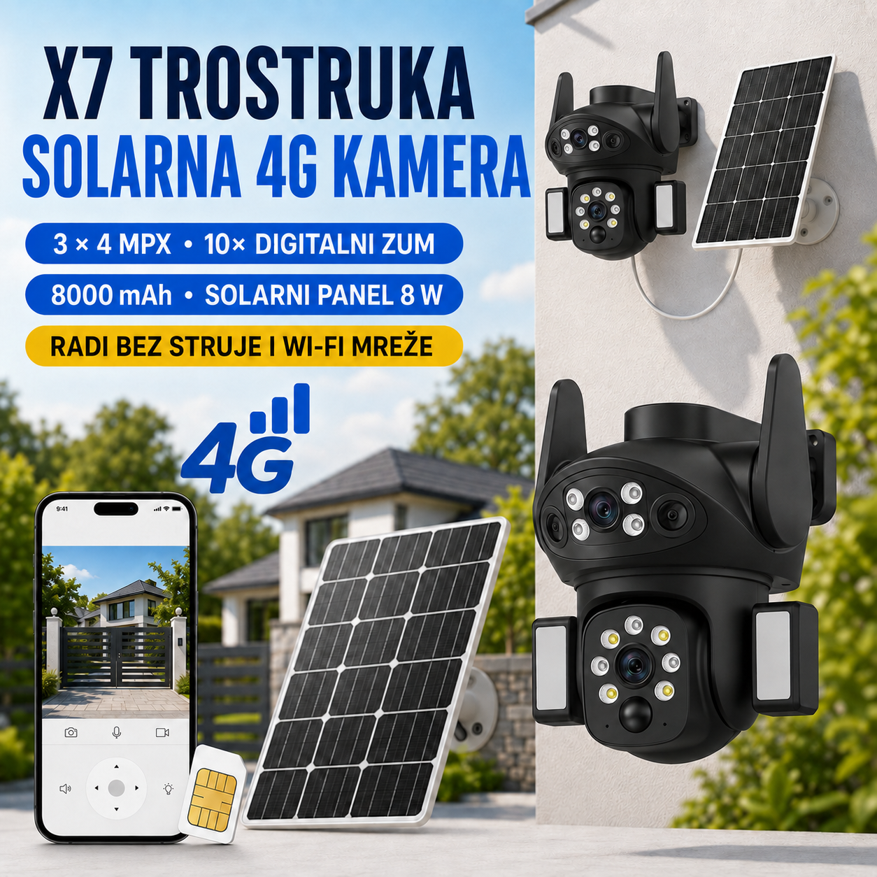 X7 Trostruka Solarna 4G Kamera