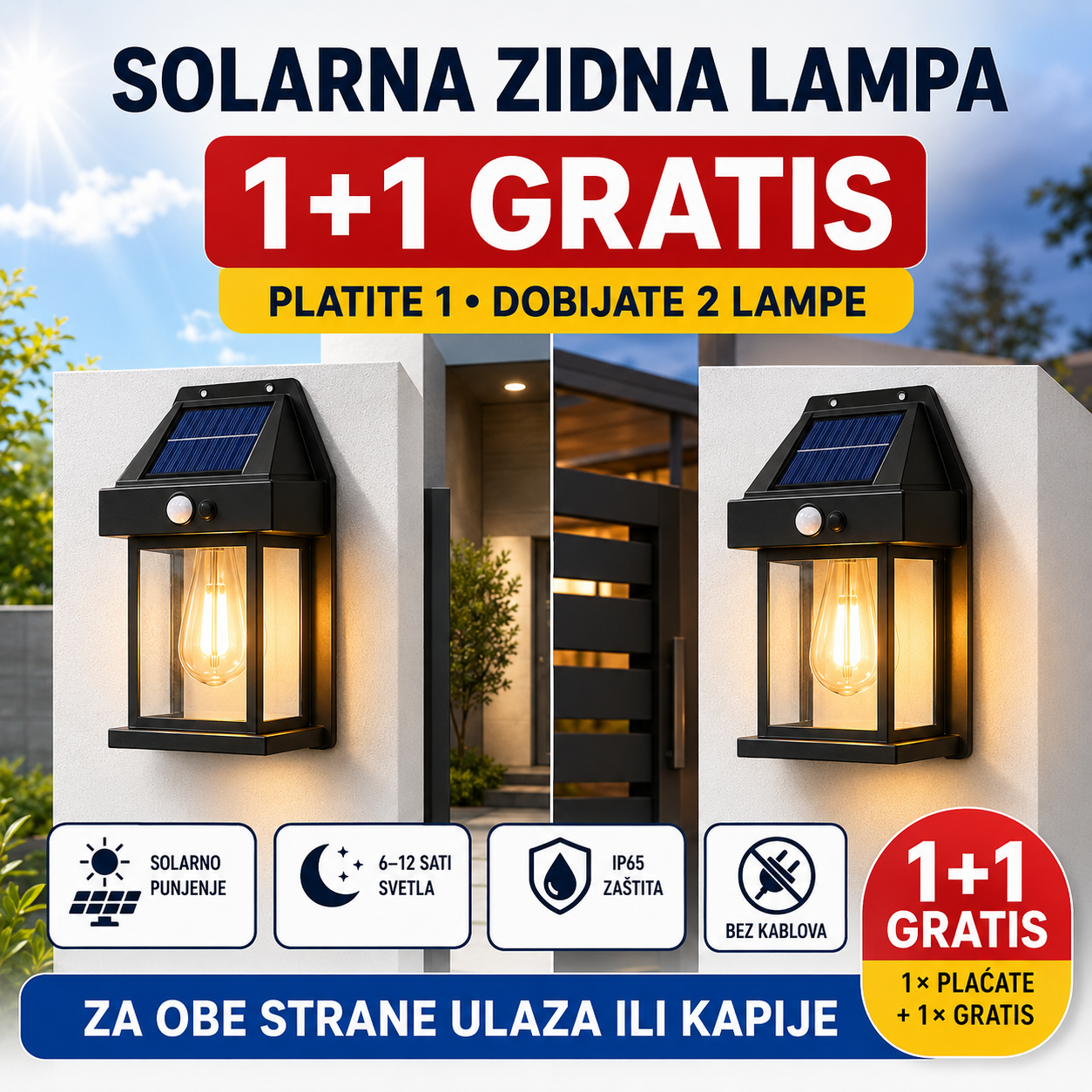 Solarna Zidna Lampa Sa senzorom Pokreta ( 1+1 Gratis )